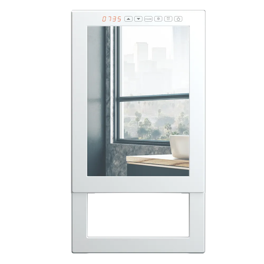 Vista frontale termoventilatore digitale da bagno da bagno bianco quadrato con specchio e barra portasalviette